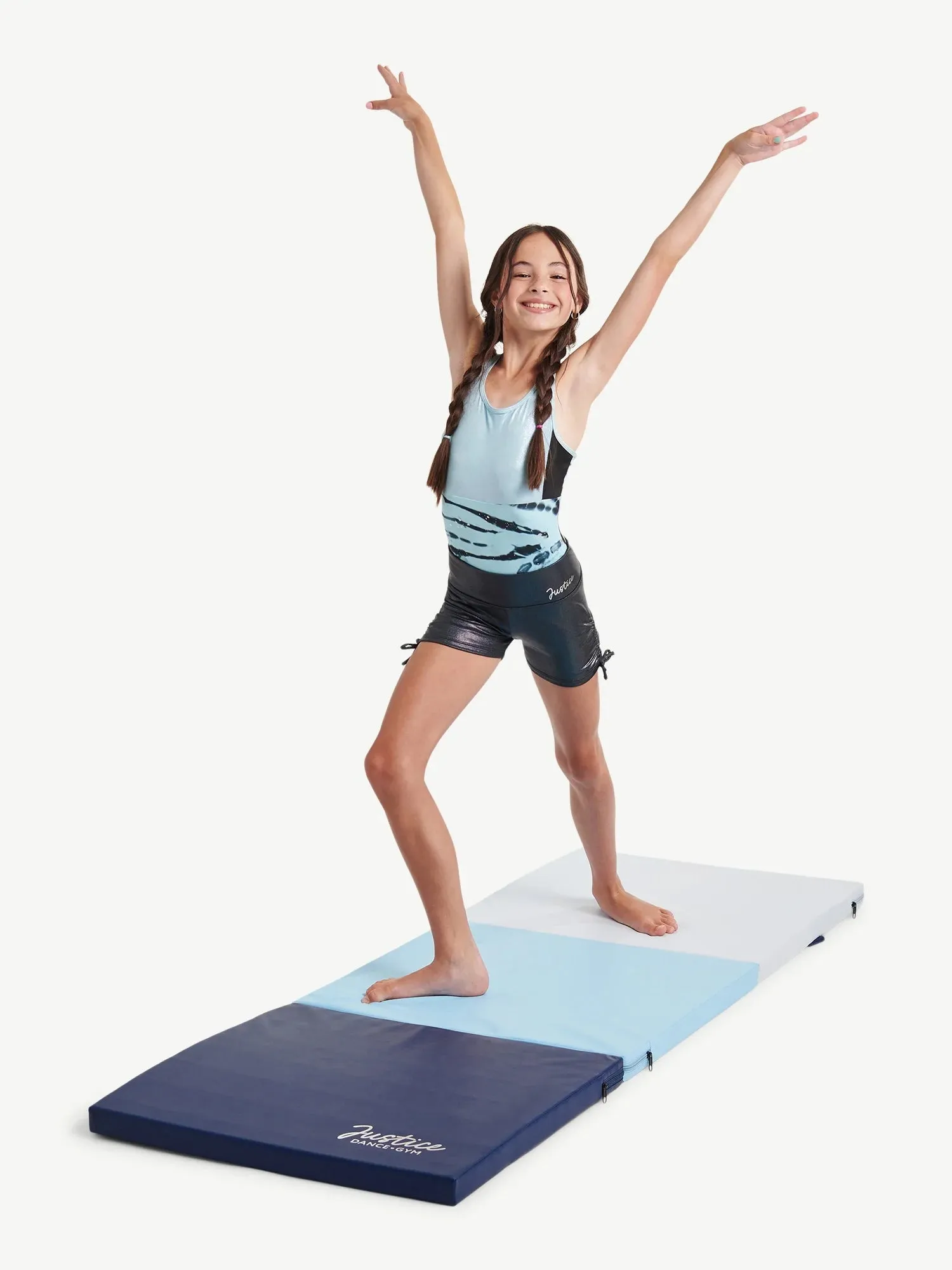 Justice 6'  Three Folding Gymnastics Mat with Carry Handles, 1.5 Inch Thick Firm High Density EPE Foam Core , Multi Color, Blue